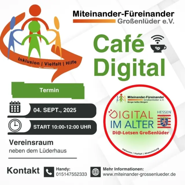📱 Kostenloses Smartphone-Training bei Kaffee & guter Laune ☕️

Ganz entspannt bei einer Tasse Kaffee den Umgang mit dem eigenen Smartphone üben – und dabei neue Apps entdecken, die den Alltag leichter machen!

✅ Keine Anmeldung
✅ Keine Mitgliedschaft
✅ Einfach vorbeikommen und mitmachen!

Wir freuen uns auf euch! 💬👵👴

#dialotsen #hessen  #dialotsenstützpunkt #dialotsengrossenlueder #digitalimalter #digital #großenlüder #müs #eichenau #bimbach #uffhausen #lütterz #luetterz #kleinlueder #gemeinde #gemeinschaft #ehrenamt #verein #cafe #austausch #manlerntnieaus #zusammengehtsleichter #hilfsangebot #hilfe #unterstützung  #MiteinanderFüreinanderGroßenlüder #miteinanderfuereinandergrossenlueder #miteinanderfuereinander #miteinanderhessen #ehrenamt #verein