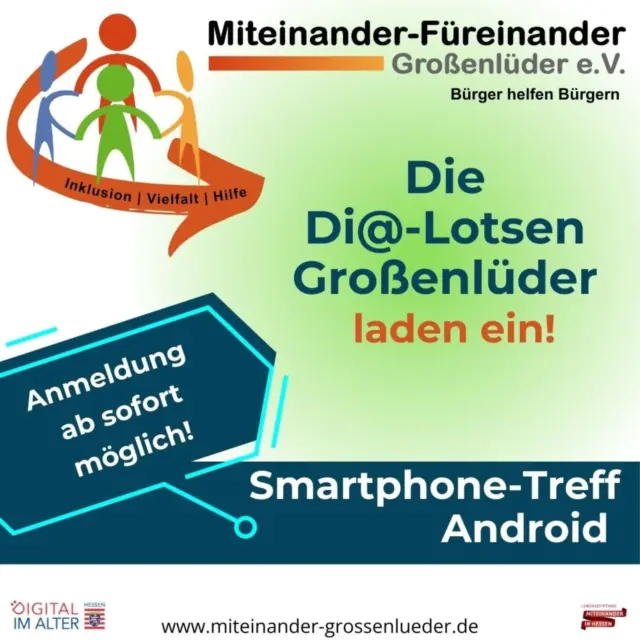 JETZT ANMELDEN!!!
Anrufbeantworter 0151 47 55 23 33
👉 Komm vorbei, lerne Neues und bring gerne deine Fragen mit!

📱 Smartphone-Treff Android
🔹 Mittwoch, 08.10.2025
⏰ 10 – 12 Uhr
📍 Vereinsraum neben dem Lüderhaus

Dieses Mal beschäftigen wir uns mit nützlichen Funktionen rund ums Smartphone:
✨ Notruf-Info eintragen & abfragen
✨ Standort teilen via WhatsApp
✨ E-Mails mit Gmail schreiben
✨ Downloads finden
✨ Kalender & Termine nutzen
✨ Instagram-Beitrag erstellen

Wir freuen uns auf dich! 🙌

#dialotsen #hessen  #dialotsenstützpunkt #dialotsengrossenlueder #digitalimalter #digital #großenlüder #müs #eichenau #bimbach #uffhausen #lütterz #luetterz #kleinlueder #gemeinde #gemeinschaft #ehrenamt #austausch #manlerntnieaus #zusammengehtsleichter #hilfsangebot #hilfe #unterstützung #MiteinanderFüreinanderGroßenlüder #miteinanderfuereinandergrossenlueder #miteinanderfuereinander #miteinanderhessen #ehrenamt #WhatsApp #whatsappkanal