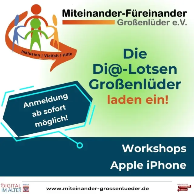 JETZT ANMELDEN!!!

Workshops Apple iPhone
⏰ 10 – 12 Uhr
📍 Vereinsraum neben dem Lüderhaus

Inhalte der Workshops:
✨ Praktische Übungen am iPhone
✨ Wichtige Funktionen im Alltag
✨ Fragen der Teilnehmer bearbeiten

👉 Anmeldung erforderlich!
Bitte auf den Anrufbeantworter sprechen: 
☎️ 0151 47 55 23 33

📅 Termine:
➡️ Mittwoch, 12.11.2025
➡️ Mittwoch, 19.11.2025

Wir freuen uns auf dich! 🙌

#dialotsen #hessen  #dialotsenstützpunkt #dialotsengrossenlueder #digitalimalter #digital #großenlüder #müs #eichenau #bimbach #uffhausen #lütterz #luetterz #kleinlueder #gemeinde #gemeinschaft #ehrenamt #austausch #manlerntnieaus #zusammengehtsleichter #hilfsangebot #hilfe #unterstützung #MiteinanderFüreinanderGroßenlüder #miteinanderfuereinandergrossenlueder #miteinanderfuereinander #miteinanderhessen #ehrenamt #WhatsApp #whatsappkanal