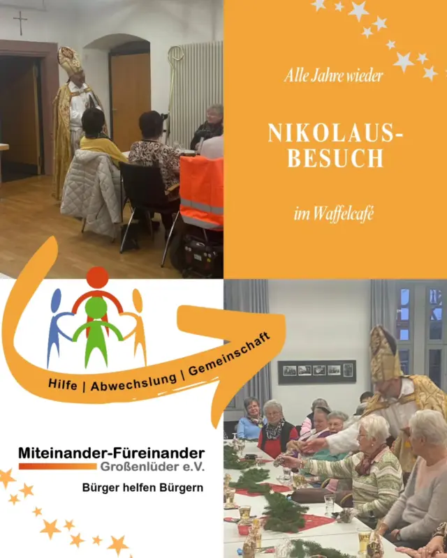 Letztes  Waffelcafé 2025 – ein Nachmittag voller Herzlichkeit 🧇☕ 

Rückblick: Beim letzten Waffelcafé 2025 von Miteinander-Füreinander Großenlüder e.V. durften wir 24 Frauen aus allen Ortsteilen willkommen heißen. Bei duftendem Kaffee und frisch gebackenen Waffeln wurde gelacht, erzählt und die Gemeinschaft genossen. 💛 

Dank unseres Bürgerbus-Services kamen alle Gäste bequem hin und wieder nach Hause.
👉 Anmeldung: ☎️ 06648 / 9 11 09 35 

🚍 Wer uns als Fahrer*in unterstützen möchte, darf sich gerne melden – wir freuen uns über Hilfe! 

Ein ganz besonderes Highlight war der Besuch des Nikolaus, der mit liebevoll gepackten Plätzchentüten und viel Herzenswärme für strahlende Gesichter sorgte. 🎅✨
🙏 Danke an alle Helferinnen und Helfer sowie an unseren Nikolaus, die diesen schönen Nachmittag möglich gemacht haben. 

📅 Nächstes Waffelcafé: Montag, 19.01.2026
Bitte rechtzeitig für den Bürgerbus anmelden. Weitere Termine folgen im Lüdertalboten. 

#waffeln #café #waffelcafé #senioren #seniorennachmittag #gemeinde #gemeinschaft #ehrenamt #verein #bus #transport #fahrdienst #zeit #füreinanderdasein #mobilimalter #grossenlueder #großenlüder #müs #eichenau #uffhausen #lütterz #kleinlüder #mues #eichenau #bimbach #miteinanderfuereinander #fuereinander #miteinander #gemeinsam #miteinanderfüreinandergroßenlüder