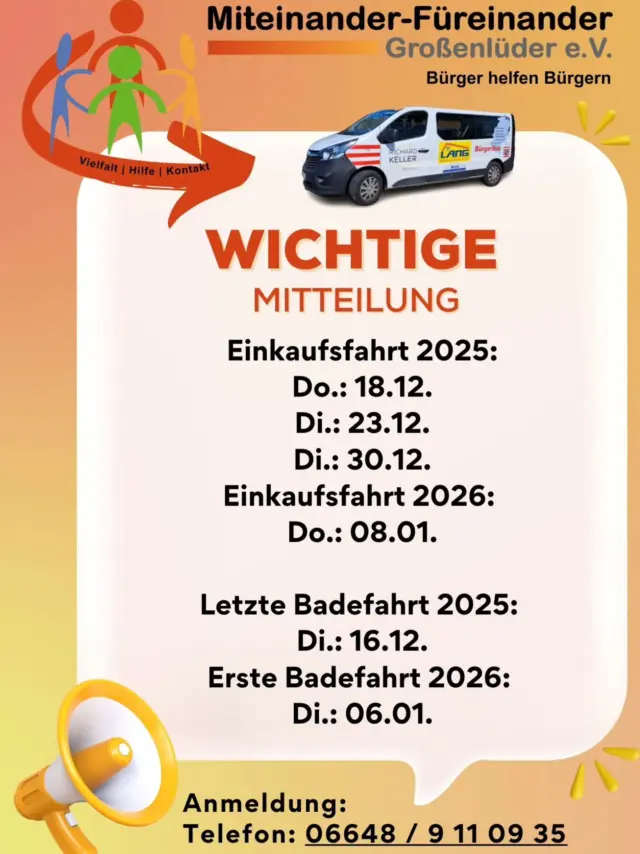 📣 Termine zum Jahreswechsel 🎄✨

🛍️ Einkaufsfahrten 2025
📅 Do., 18.12.
📅 Di., 23.12.
📅 Di., 30.12.

🛍️ Einkaufsfahrt 2026
📅 Do., 08.01.

🏊‍♀️ Badefahrten
🔹 Letzte Badefahrt 2025:
📅 Di., 16.12.

🔹 Erste Badefahrt 2026:
📅 Di., 06.01.

👉 Bitte Termine vormerken!
Wir freuen uns auf euch 💙

#Vereinsleben #Termine #Jahreswechsel #Einkaufsfahrt #Badefahrt #gemeinsamUnterwegs #miteinanderfuereinandergrossenlueder