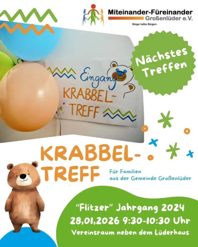 Nächstes Treffen am 28.01.2026 - Jahrgang 2024

Bitte beachtet, dass alle unsere Angebote für Familien aus der Gemeinde Großenlüder sind!

Damit beim nächsten Mal entspannt gespielt und gequatscht werden kann, teilen wir ab sofort in zwei Gruppen:

👶 Flitzer – Jahrgang 2024

👶 Minis – Jahrgang 2025

Nächstes Treffen:

👉 Flitzer 2024 – 28.01.2026 | 9:30–10:30 Uhr

📍 Vereinsraum neben dem Lüderhaus

Bleibe immer auf dem Laufenden!

Schreibt uns einfach eine WhatsApp – wir schicken euch den Gruppenlink! 📱 0151 4755 2333

Wir – und Bärnie Bär – freuen uns auf euch! 🐻✨

#Krabbeltreff #miteinanderfuereinander #großenlüder