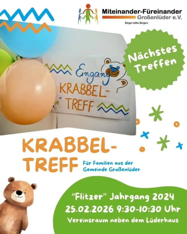 Nächstes Treffen:

👉 FLITZER 2024 – 25.02.2026 | 9:30–10:30 Uhr
📍 Vereinsraum neben dem Lüderhaus

Bleibe immer auf dem Laufenden!
Schreibt uns einfach eine WhatsApp – wir schicken euch den Gruppenlink! 📱 0151 4755 2333

Wir – und Bärnie Bär – freuen uns auf euch! 🐻

#Krabbeltreff #großenlüder #miteinanderfüreinandergroßenlüder