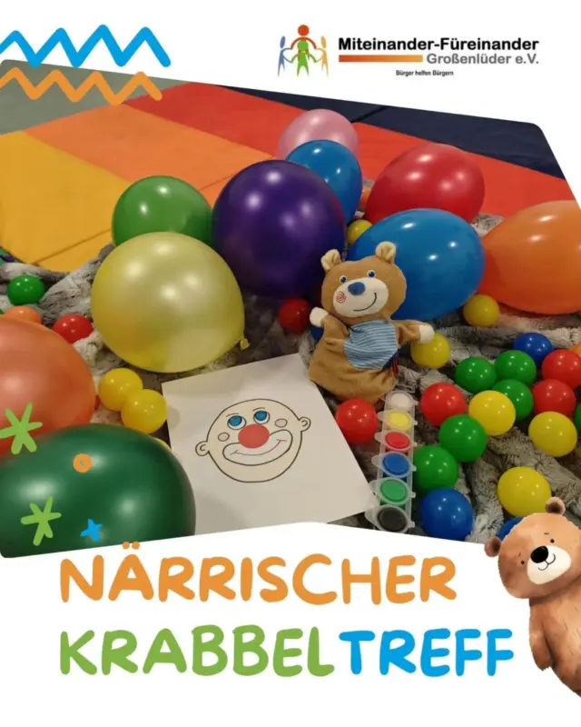 Rückblick *Närrischer Krabbeltreff* ✨🎊 

Diesmal wurde es so richtig bunt! Der Krabbeltreff für die "Minis" am 11.02.2026 fand zum Motto "Fasching" statt und Bärnie Bär hatte sich närrische Verstärkung eingeladen. 🐻🤡🧡 

Gemeinsam gestalteten alle Kinder und Mamas für den Clown mithilfe von Fingerfarben eine lustige Frisur. Luftballons und Bälle in verschiedensten Farben luden die Kleinen ein, im Vereinsraum auf Entdeckungstour zu gehen. 🎈🏀🫟🎨 

Beim "Fliegerlied" tanzten alle zusammen und zum Abschluss fuhren wir noch - manchmal langsam, manchmal schnell - mit dem Karussell. 🎶🎠👯 

#Krabbeltreff #großenlüder #miteinanderfüreinandergroßenlüder