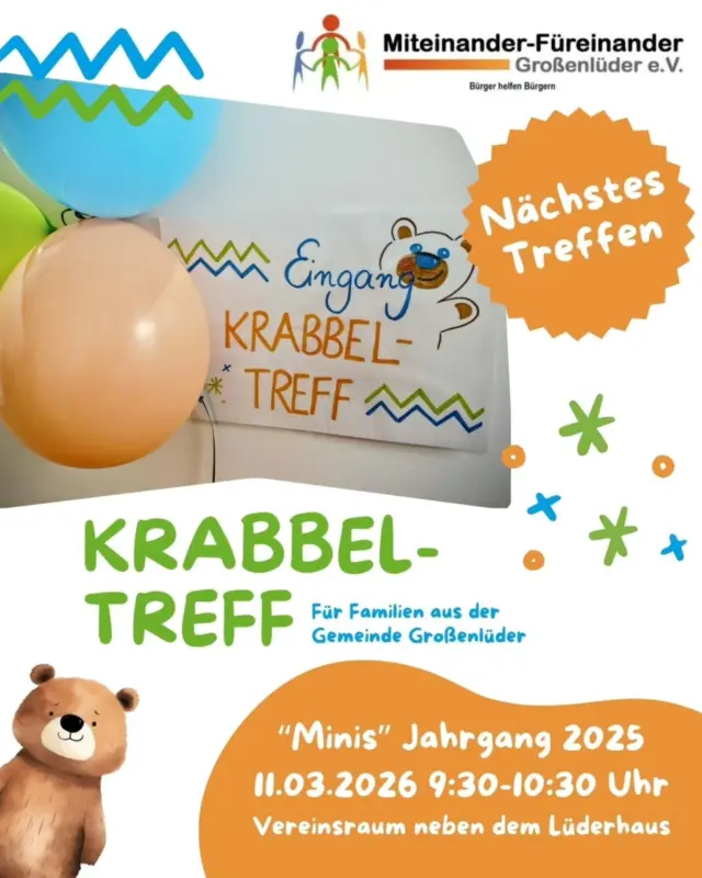 Nächstes Treffen:

👉 MINIS 2025 – 25.02.2026 | 9:30–10:30 Uhr
📍 Vereinsraum neben dem Lüderhaus

Bleibe immer auf dem Laufenden!
Schreibt uns einfach eine WhatsApp – wir schicken euch den Gruppenlink! 📱 0151 4755 2333

Wir – und Bärnie Bär – freuen uns auf euch! 🐻

#Krabbeltreff #großenlüder #miteinanderfüreinandergroßenlüder