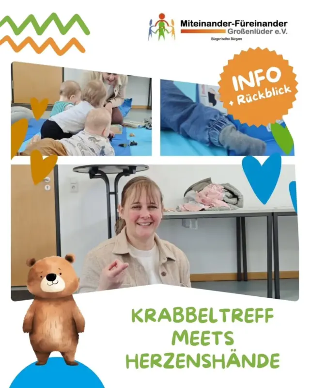 *Krabbeltreff meets Herzenshände* 👐💬🫶

Wie können sich schon die Kleinsten verständigen? Wie lässt sich die Selbstwirksamkeit von Kindern stärken? Und wie gestaltet man das Ganze auch noch inklusiv? Die Antwort: mit Gebärden! 🙌👶

Die letzten beiden Termine des Krabbeltreffs wurden zu diesem Thema durch Theresa von Herzenshände mitgestaltet. Sie erklärte ihr Konzept und dass Gebärden nicht nur die Kommunikation, sondern auch die Verbindung zu Babys und Kleinkindern stärken können. Theresa hatte verschiedene Lieder und allerlei thematisch passende Spielsachen im Gepäck dabei. 🐮🐷🐱

Sowohl für die "Flitzer" als auch für die "Minis" ermöglichte sie einen Einstieg in das Gebärden mit dem Themenfeld Bauernhof. Die Sonnenkäfer krabbelten und kitzelten die Kinder so richtig durch und der "Bauer Josef" (gesungen auf die Melodie von "Bruder Jakob") musste von verschiedenen Tieren auf seinem Hof geweckt werden, weil er so lange schlief. ☀️🎶🥱

Wir bedanken uns ganz herzlich bei Theresa für diesen spannenden Einblick! 🧡💚🩵 Theresas Lieblingsgebärde ist übrigens "nochmal" (die zeigt sie auch im Bild).

#MiteinanderFüreinander #Krabbeltreff #grossenlueder