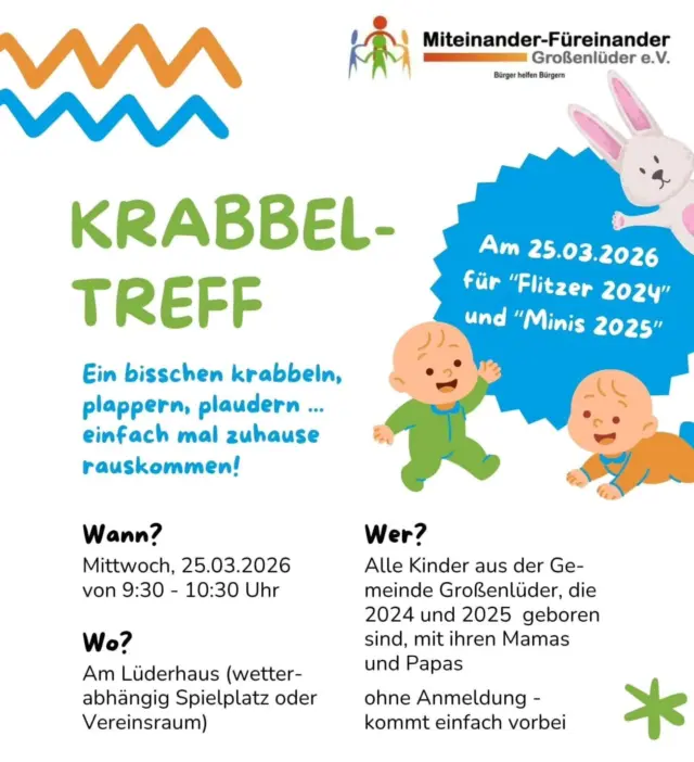 Nächstes Treffen:

👉 MINIS 2025 und Flitzer 2024
25.03.2026 | 9:30–10:30 Uhr
📍 Vereinsraum neben dem Lüderhaus

Bleibe immer auf dem Laufenden!
Schreibt uns einfach eine WhatsApp – wir schicken euch den Gruppenlink! 📱 0151 4755 2333

Wir – und Bärnie Bär – freuen uns auf euch! 🐻

#Krabbeltreff #großenlüder #miteinanderfüreinandergroßenlüder