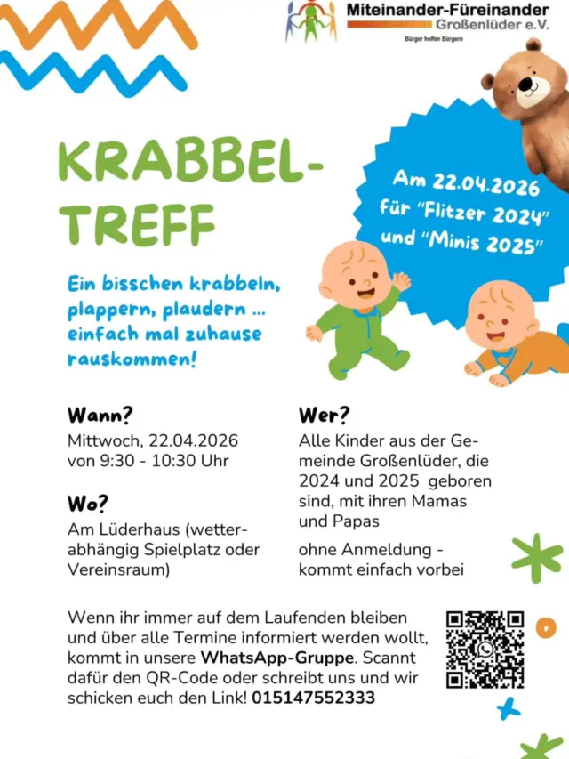 Am Mittwoch 22.04.2026 wird wieder gekrabbelt

"Minis" und "Flitzer" sind ganz herzlich zu einem gemeinsamen Treffen eingeladen, bei dem wir nicht nur spielen und plaudern, sondern auch schon einmal für Muttertag zusammen etwas basteln möchten. 🩵💚🧡

Dafür treffen wir uns um 9:30 Uhr im Vereinsraum. Wenn ihr schon wisst, ob ihr am Mittwoch kommen möchtet, schickt gerne einen Daumen hoch 👍, damit wir besser planen können.
 
Auch beim Treffen Anfang Mai gibt es noch einmal die Gelegenheit für Mutter- und Vatertag kreativ zu werden. ☀️🎨🫟

Wir freuen uns auf euch! 🐻

#miteinanderfuereinander #krabbeltreff
