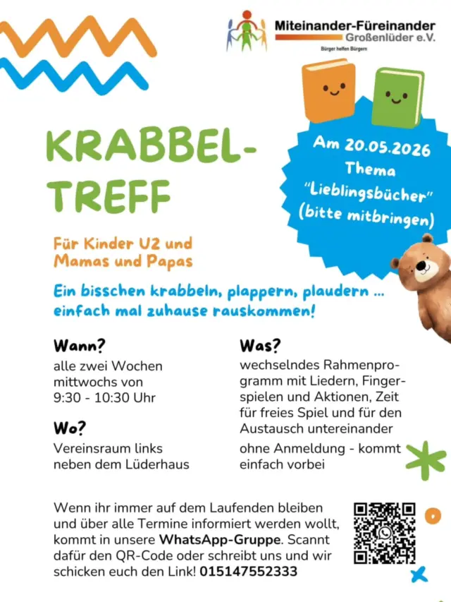 Am 20.05.26 wollen wir wieder mit euch krabbeln, plaudern und ... lesen!
Packt die Lieblingsbücher eurer Kids ein und lasst euch von den Lektüretipps der anderen inspirieren 🤓💚📚.

Und welches Lieblingsbuch Bärnie Bär wohl hat? 🐻🤔

#krabbeltreffen #MiteinanderFüreinanderGroßenlüder