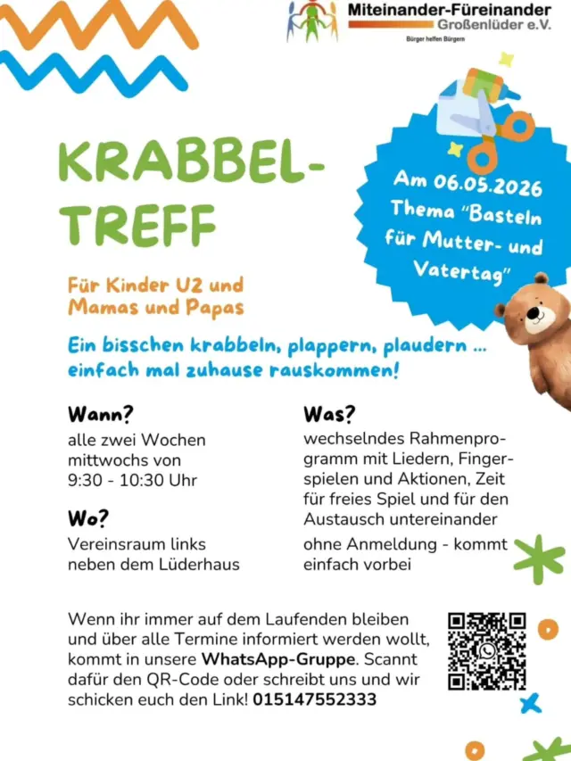 Am Mittwoch 6.5.2026 ist es wieder so weit und wir treffen uns zum Krabbeln, Plaudern und Basteln. 🎨🐻🎶

Auch diesmal möchten wir wieder anlässlich von Mutter- und Vatertag kreativ sein. Lasst euch überraschen 😉🐞

Bezüglich der Nachfrage hat sich bei den letzten Treffen gezeigt, dass es die Unterteilung in "Flitzer" und "Minis" erstmal nicht mehr braucht.
Wir können uns also immer alle gemeinsam alle zwei Wochen treffen 🤗💚🧡

#miteinanderfuereinander #großenlüder