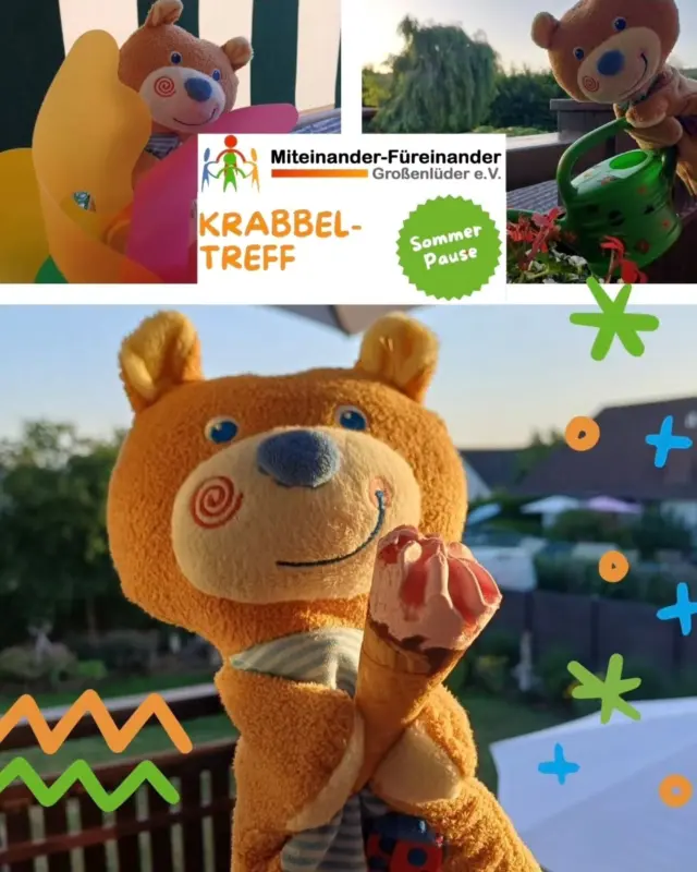 Krabbeltreff macht Sommerpause ☀️🍦🌴

Bei den aktuellen Temperaturen kommt Bärnie Bär, das Maskottchen unseres Krabbeltreffs, ganz schön ins Schwitzen! 🥵🐻 Zum Glück kann er sich jetzt erstmal eine Pause gönnen und verabschiedet sich mit dem Orga-Team in den Urlaub. 

Im Lauf des vergangenen halben Jahres hat sich der Krabbeltreff zu einer festen Institution entwickelt. Wir haben gemeinsam Gebärden für die Kleinen kennengelernt, Fasching gefeiert, für Ostern, Mutter- und Vatertag gebastelt, Buchtipps ausgetauscht und beim letzten Treffen vor den Ferien ein tolles Picknick veranstaltet. 👋🤡🎨📚🍉

Nach den Sommerferien geht es ab dem 12.08.2026 wieder weiter und ihr dürft gespannt sein, welche Aktionen und Aktivitäten wir dann für euch geplant haben. Ganz herzlich sind dann auch die Kinder, die 2026 geboren sind, mit ihren Eltern eingeladen! Wir freuen uns immer, wenn neue Krabbelfans dazustoßen 🤗🧡👶🎶

#miteinanderfuereinander #großenlüder #Krabbeltreff