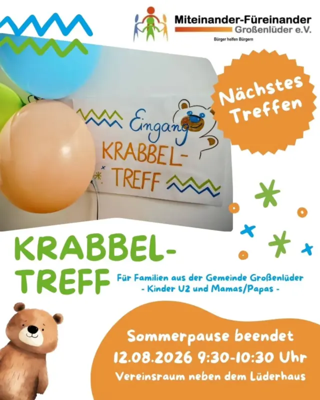 ☀️ Die Sommerpause ist beendet☀️ 

Wir freuen uns auf den nächsten Krabbeltreff

🗓️ 12.8.2026 im Vereinsraum neben dem Lüderhaus 

ℹ️ Alle Infos im Postℹ️ 

#Krabbeltreff #großenlueder