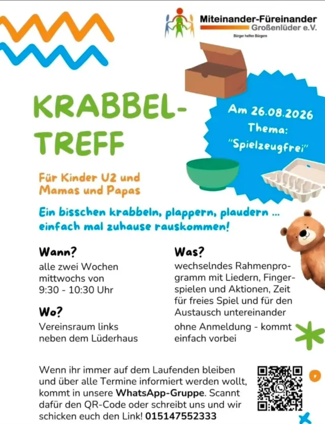 Am Mittwoch singen, plappern, plaudern, klettern, krabbeln und spielen wir wieder! 🎶👶🧎‍♀️

Das Besondere: diesmal lassen wir die Spielsachen in den Kisten und probieren stattdessen eine Stunde lang "spielzeugfreie Zeit" mit euch aus.

Dafür dürft ihr gerne einen Alltagsgegenstand mitbringen, mit dem euer Kind Zuhause gerne experimentiert.
Denn: Das beste Spielzeug ist oft gar keines! 🪢🪨🥄⏲️

Wir freuen uns auf euch!

#Krabbeltreff #miteinanderfuereinandergrossenlueder #großenlüder
