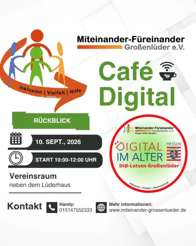 📱 Rückblick auf unser Café-Digital

Am 10. September konnten unsere vier Digital-Lotsen acht Gäste zum Café-Digital begrüßen. ☕️💻

Diesmal drehte sich alles um das Thema (eBay-)Kleinanzeigen. Günter Schlitzer stellte die Plattform vor – von der App und der Registrierung bis hin zu praktischen Tipps für die Nutzung und wichtigen Hinweisen rund um die Sicherheit.

Auch das Thema Notfall-Info wurde besprochen und direkt praktisch gezeigt. 👍

📅 Save the Date:
Das nächste Café-Digital findet am Donnerstag, 8. Oktober 2026, um 10:00 Uhr statt.

📲 Thema: „WhatsApp aktuell“ – mit interessanten Neuerungen und Tipps rund um WhatsApp.

Eine Anmeldung ist nicht erforderlich. Wir freuen uns auf euch! 😊☕️

#Großenlüder #miteinanderfuereinander #digitallotsen #caféDigital #ehrenamt