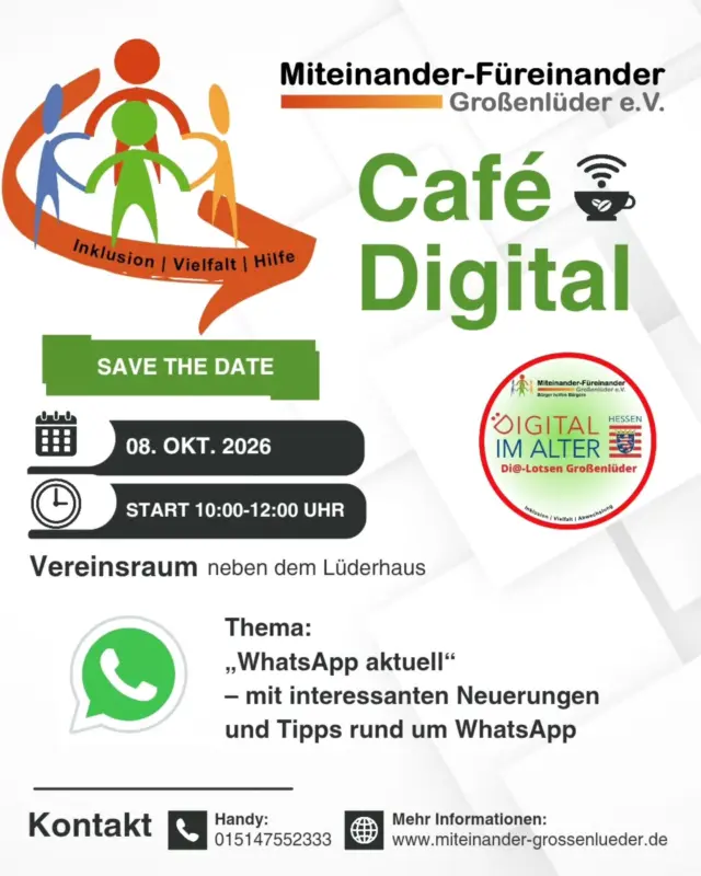 📱 Kostenloses Smartphone-Training bei Kaffee & guter Laune ☕️

Ganz entspannt bei einer Tasse Kaffee den Umgang mit dem eigenen Smartphone üben – und dabei neue Apps entdecken, die den Alltag leichter machen!

✅ Keine Anmeldung
✅ Keine Mitgliedschaft
✅ Einfach vorbeikommen und mitmachen!

Wir freuen uns auf euch! 💬👵👴

#dialotsen #hessen  #dialotsenstützpunkt #dialotsengrossenlueder #digitalimalter