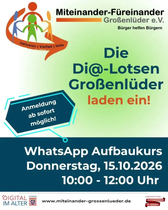 📱 WhatsApp kann mehr, als Sie bisher nutzen?

Sie nutzen WhatsApp bereits, möchten aber noch mehr Funktionen kennenlernen und sicherer damit umgehen?

Dann ist unser WhatsApp-Aufbaukurs genau das Richtige!

Wir zeigen Ihnen Schritt für Schritt und ganz in Ruhe: 💬 Gruppen & Sprachnachrichten
📷 Fotos & Videos
👤 Kontakte teilen
📄 Dokumente versenden
🔒 Datenschutz & wichtige Einstellungen

Mit praktischen Übungen und ausreichend Zeit für Ihre Fragen.

🆓 Kostenlos
⚠️ Teilnehmerzahl begrenzt – Anmeldung erforderlich

📞 0151 47552333
Einfach auf den Anrufbeantworter sprechen – wir rufen zurück.

#DigitalImAlter #großenlüder #dialotsen #MiteinanderFüreinanderGroßenlüder